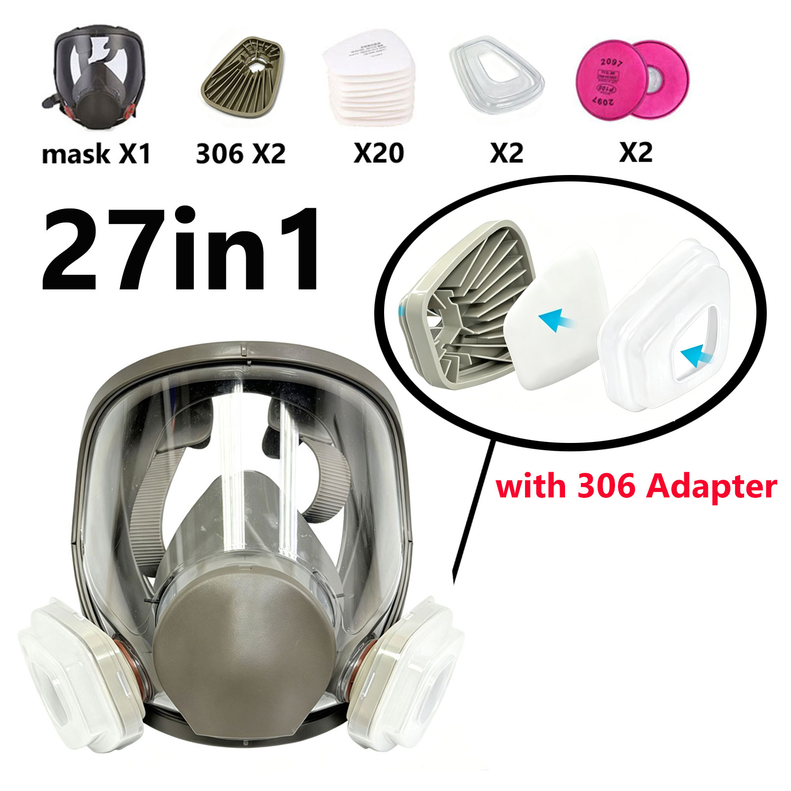 Dust Mask Construction - 6800 Volledig gezichtsmasker met 306 filteradapter,